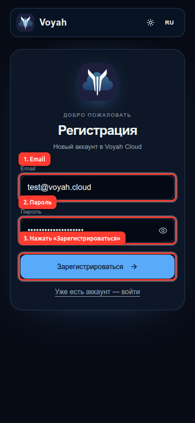 Заполнить email и пароль